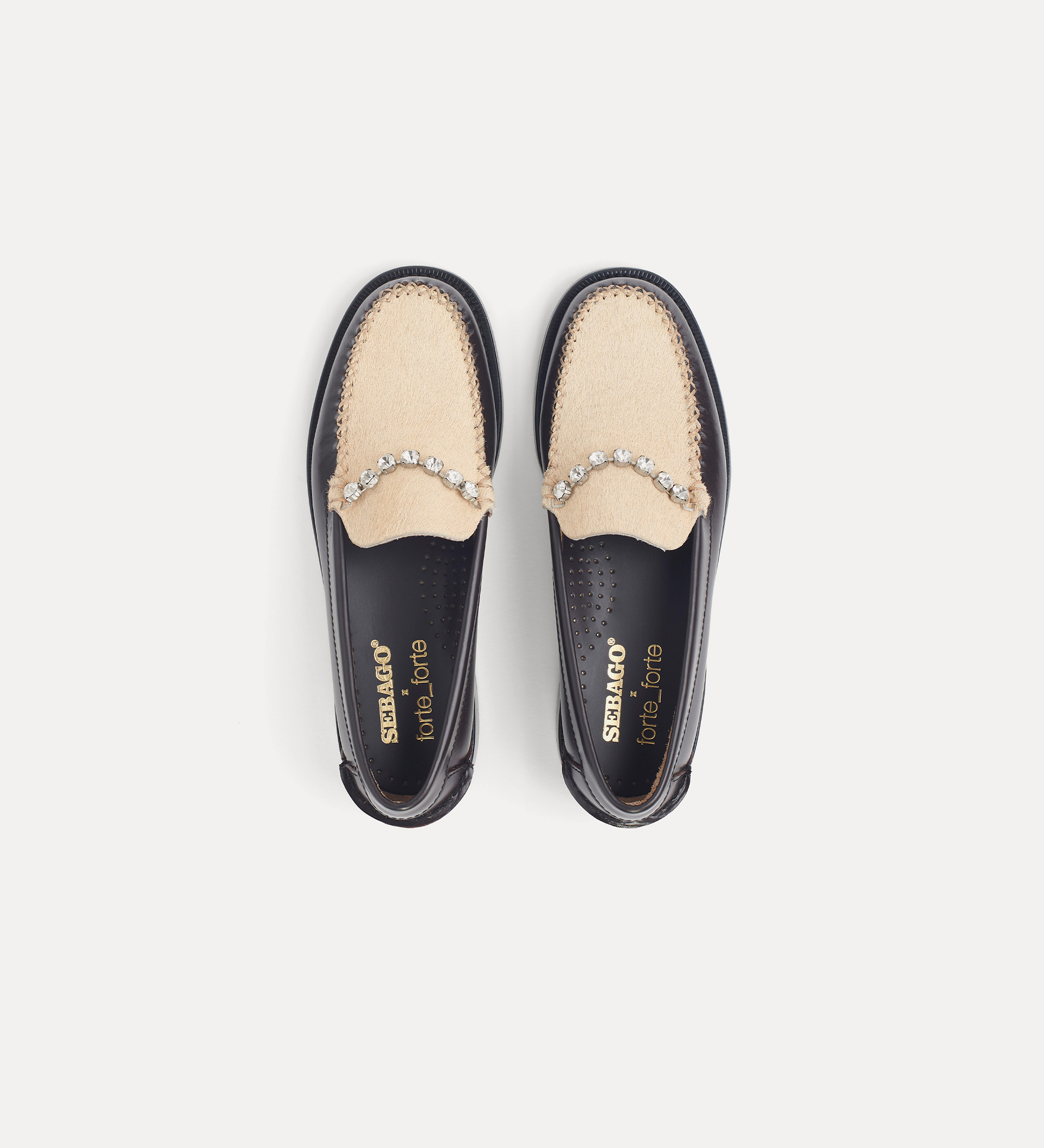 moccasins in calf and pony skin with crystal embellishment | forte_forte