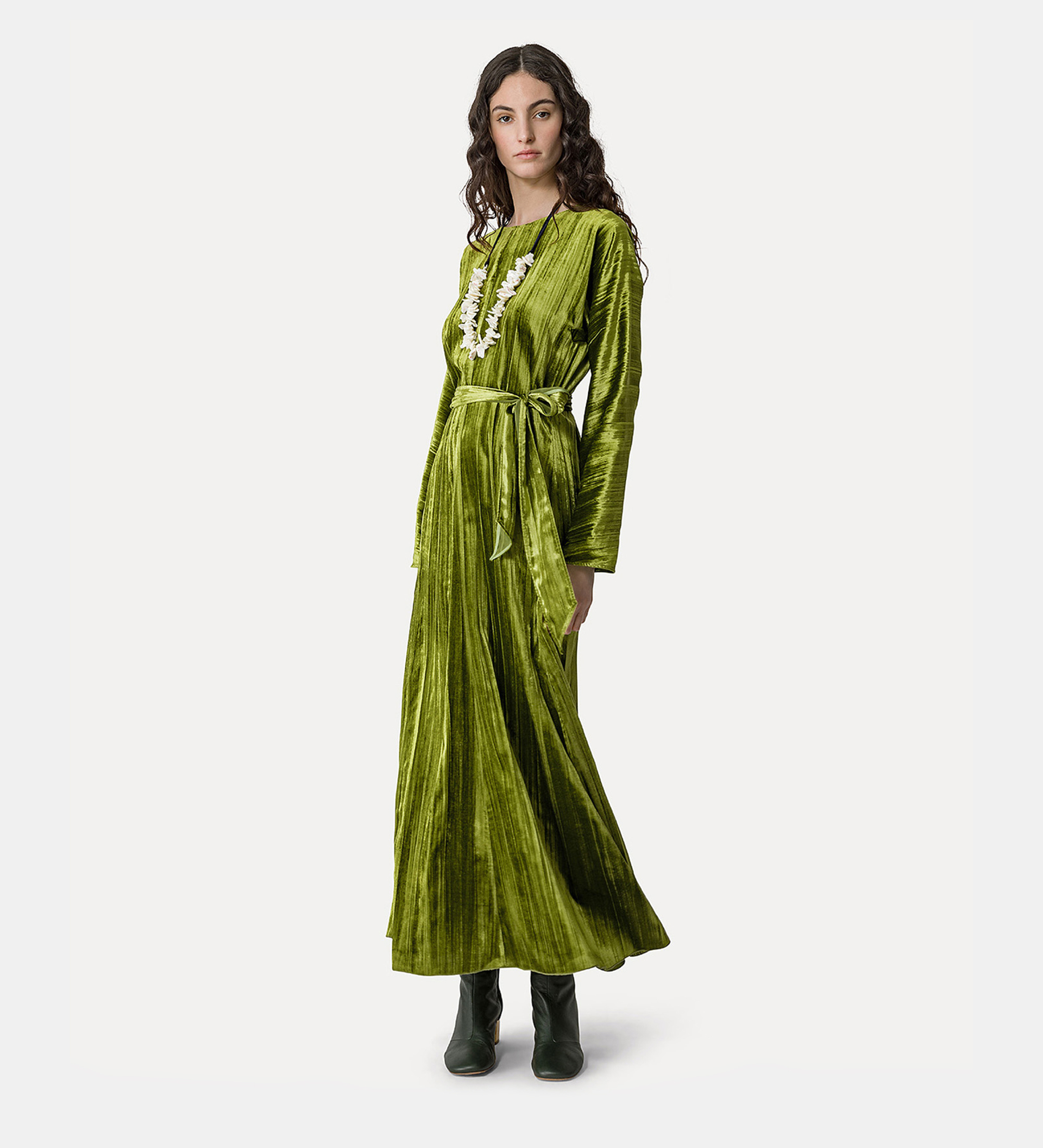 dress with sash in pleated velvet | forte_forte