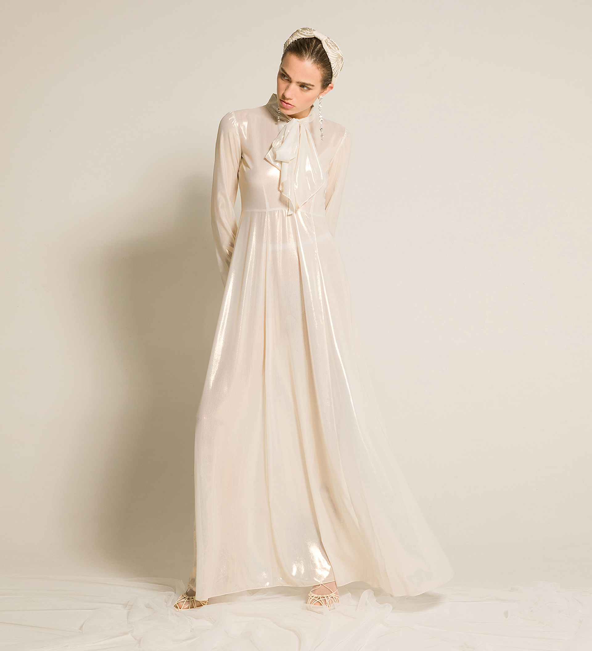 dress with bow in laminated georgette | forte_forte