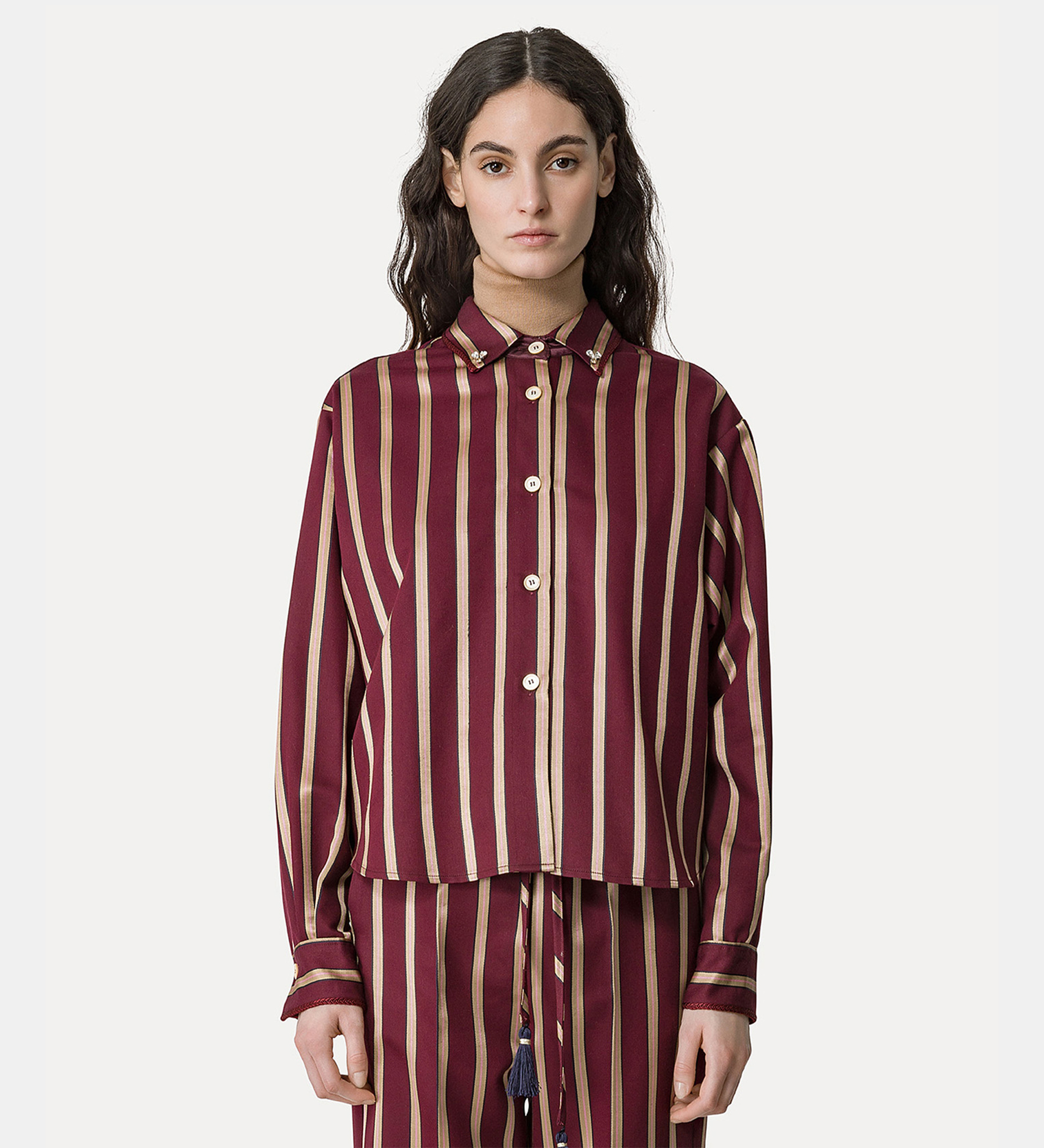 boxy shirt in a wool and satin cloth with crystal detailing | forte_forte