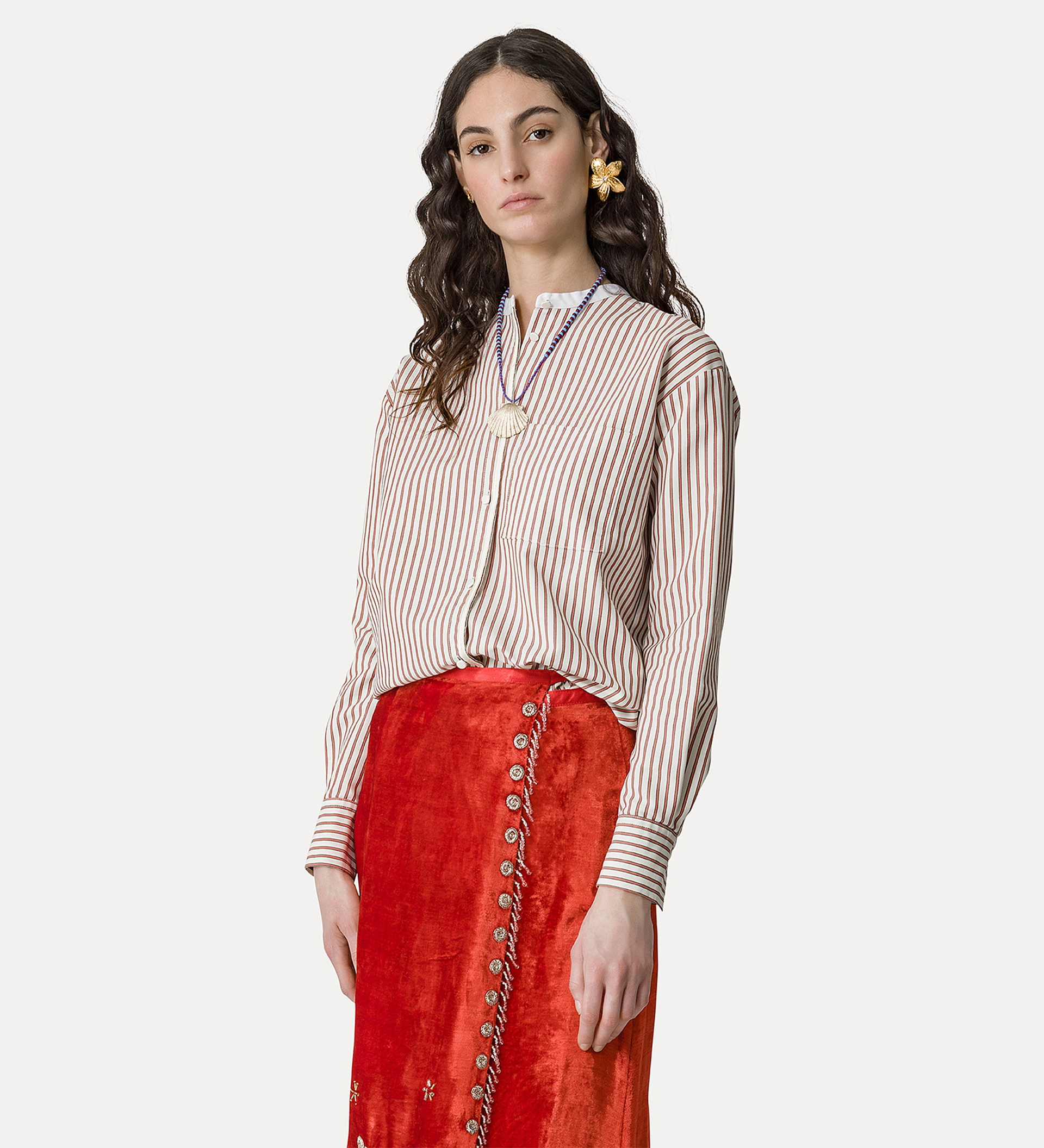 striped oxford–cloth mandarin–collar shirt with a contrasting collar | forte_forte