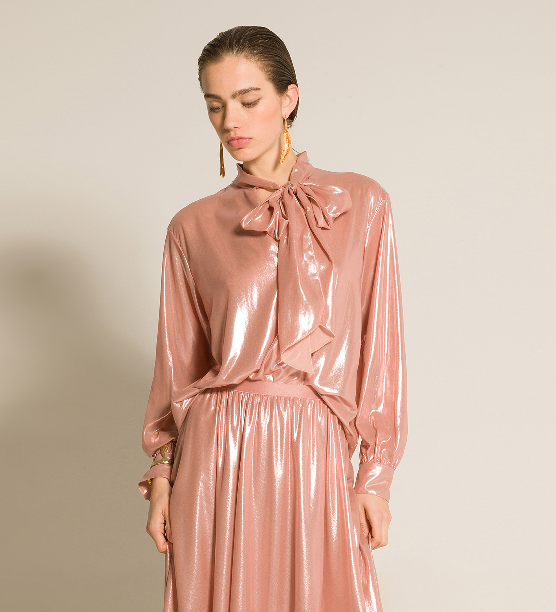 blouse with bow in laminated georgette | forte_forte