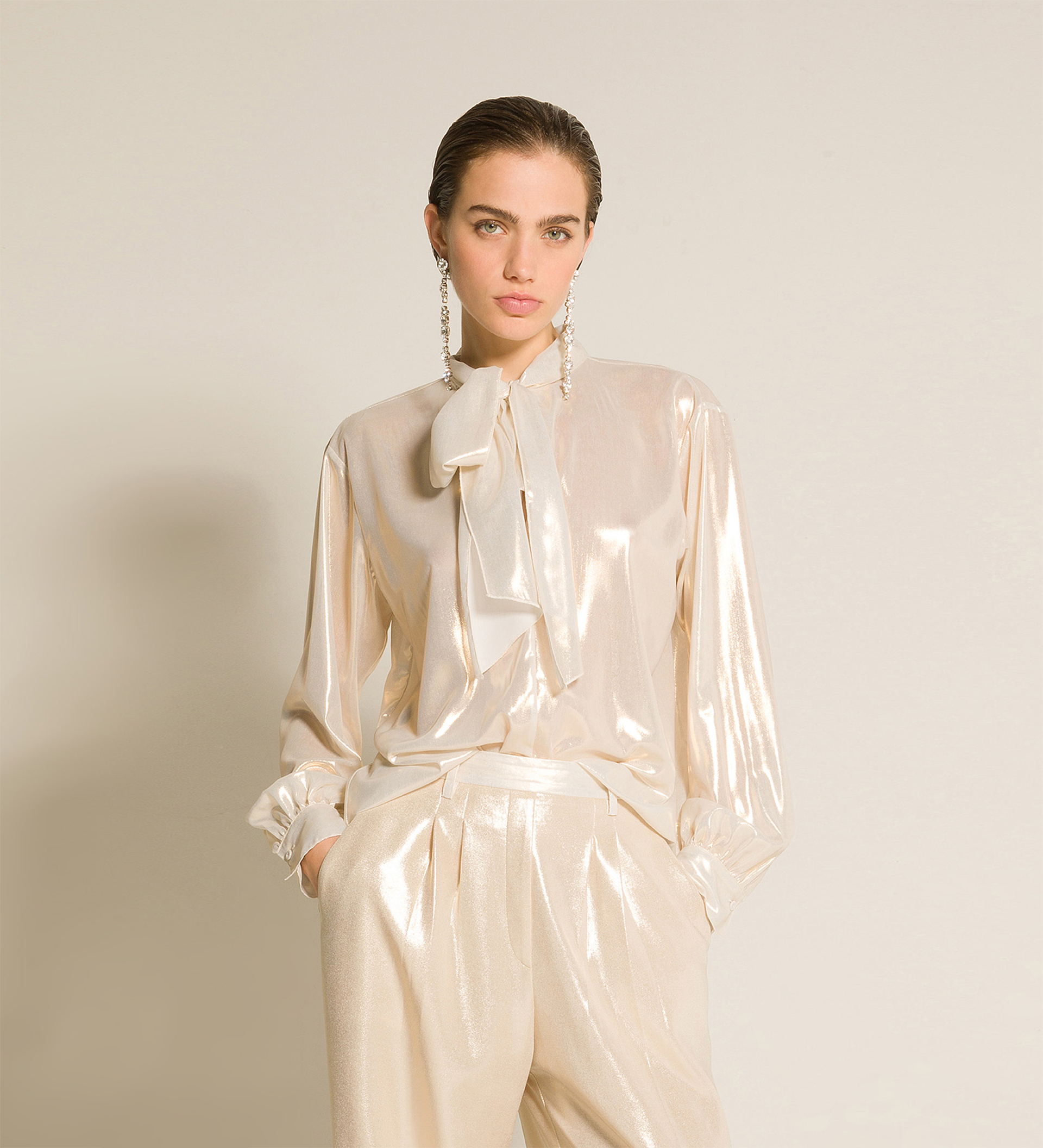 blouse with bow in laminated georgette | forte_forte