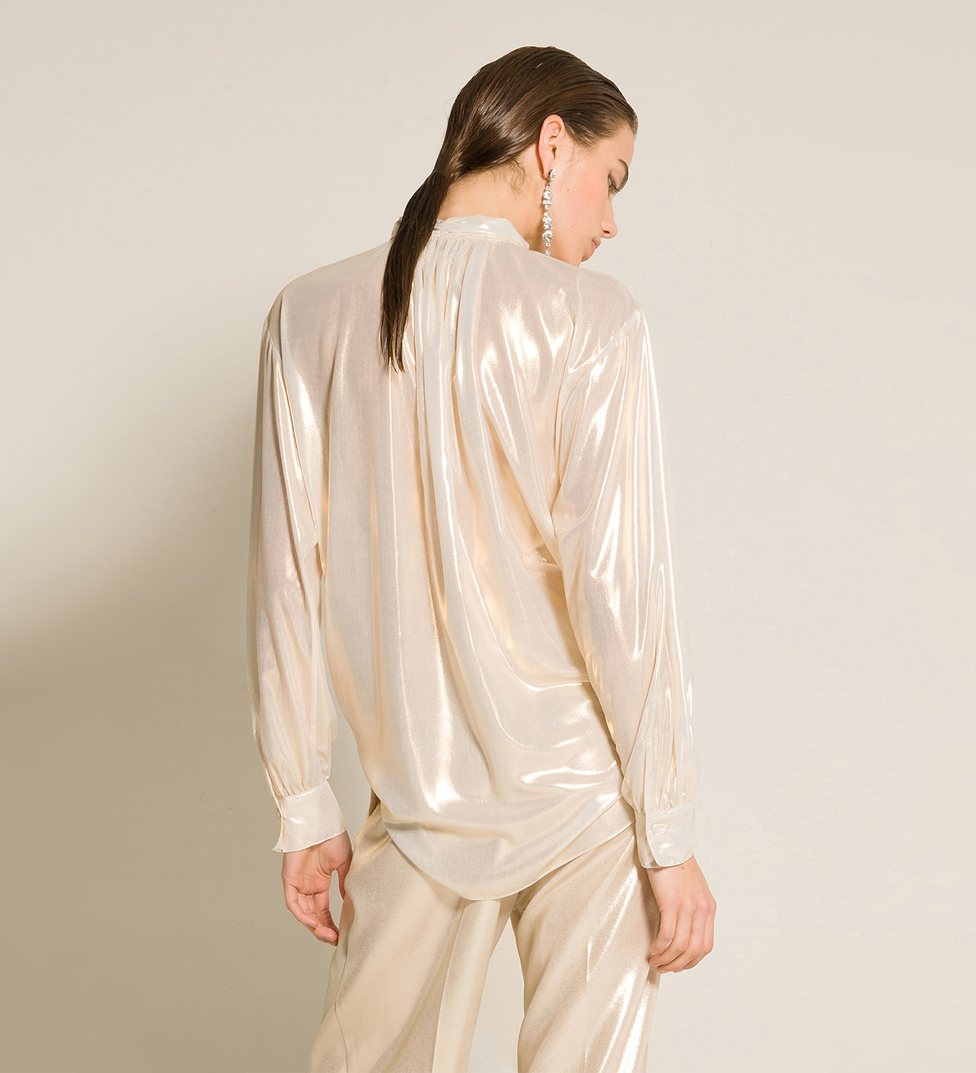blouse with bow in laminated georgette | forte_forte