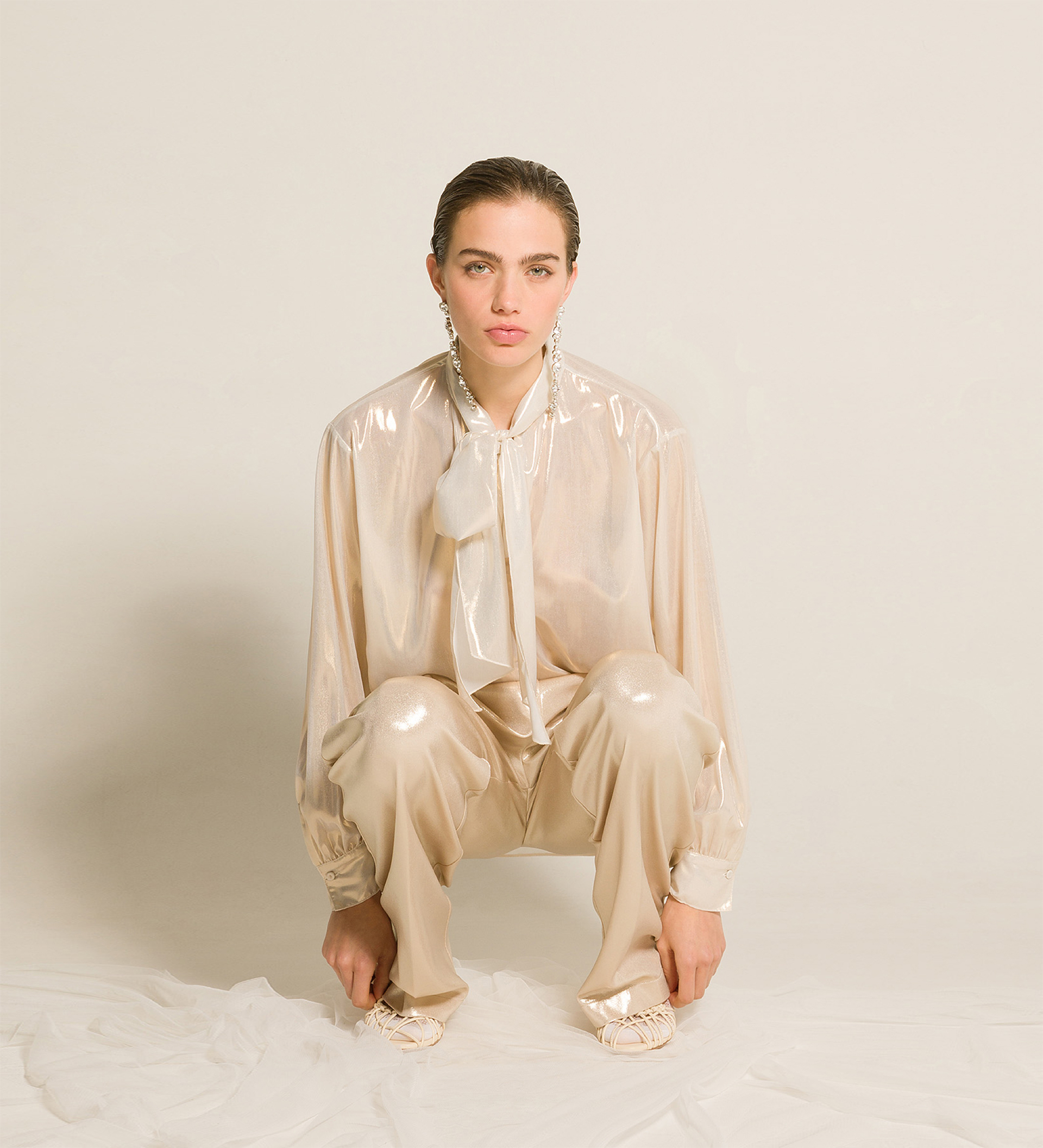 blouse with bow in laminated georgette | forte_forte