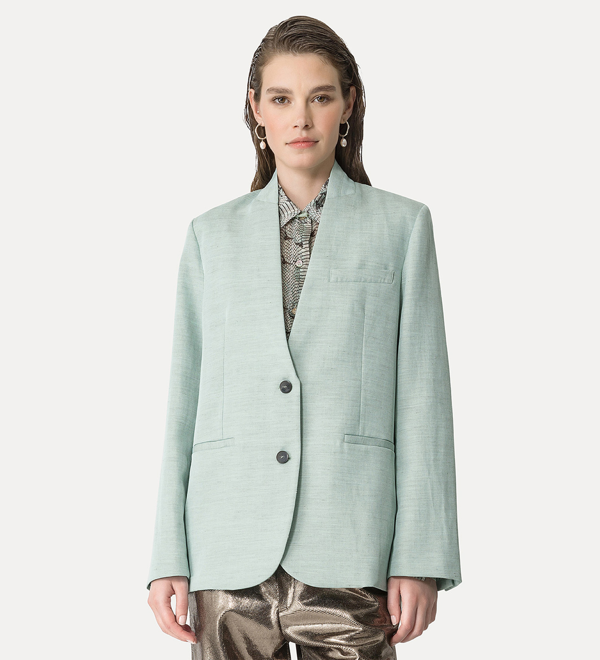 veste sans col en lin mélangé bleu ciel | forte_forte