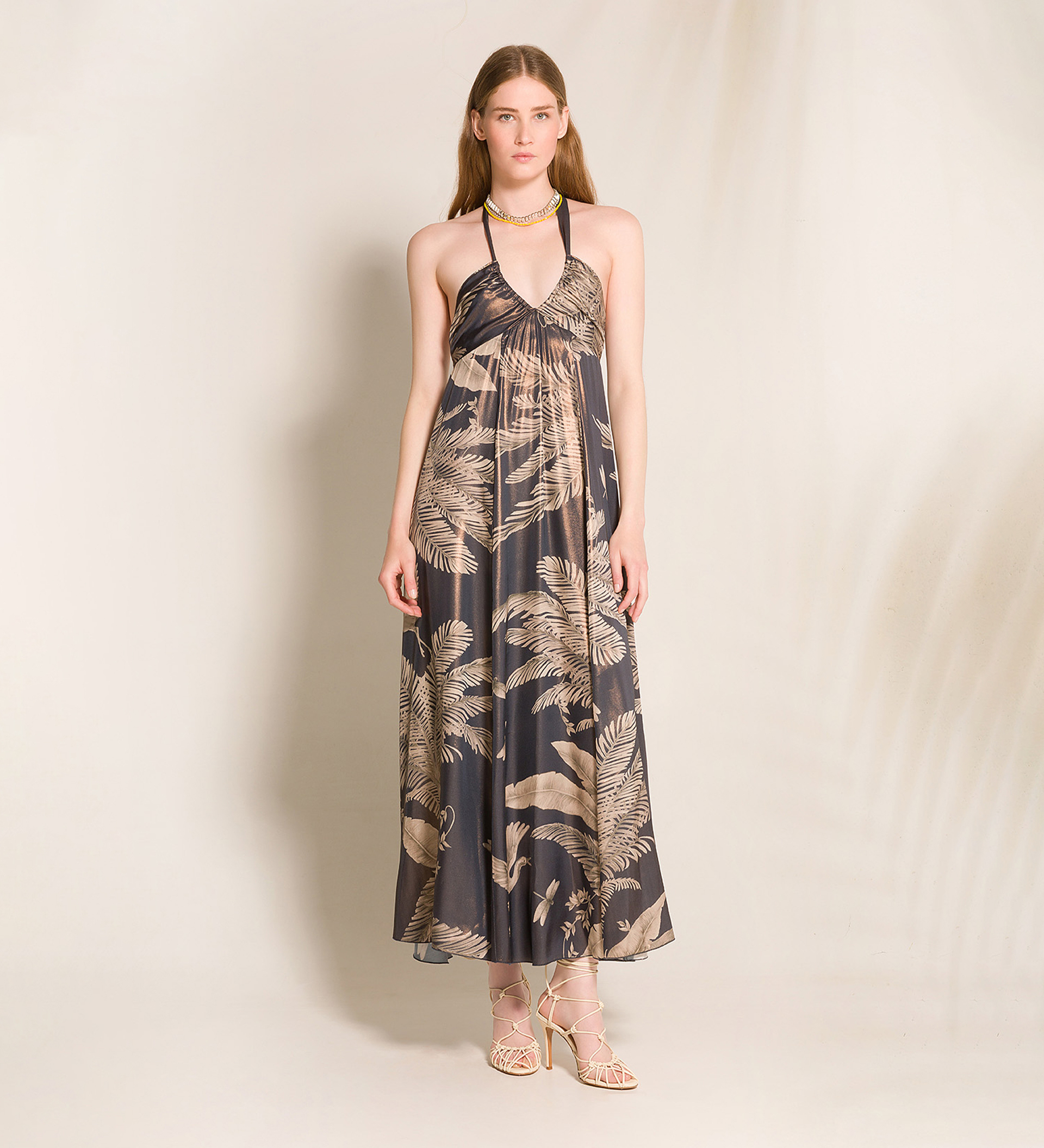 dress with spaghetti straps in “eden” lamè print pattern | forte_forte