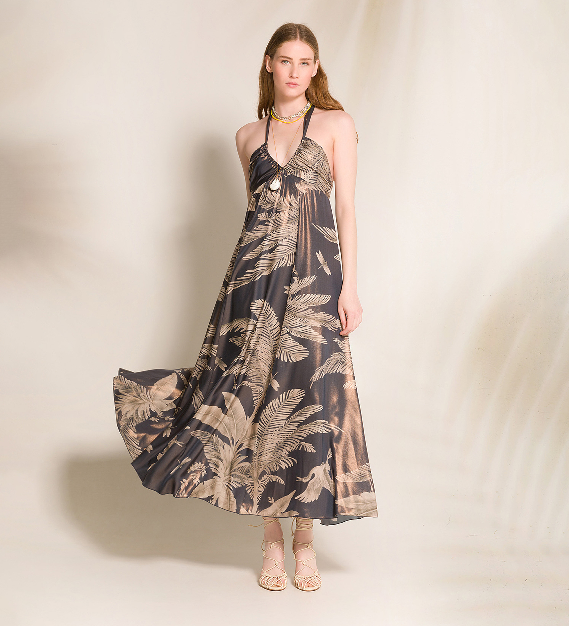 dress with spaghetti straps in “eden” lamè print pattern | forte_forte
