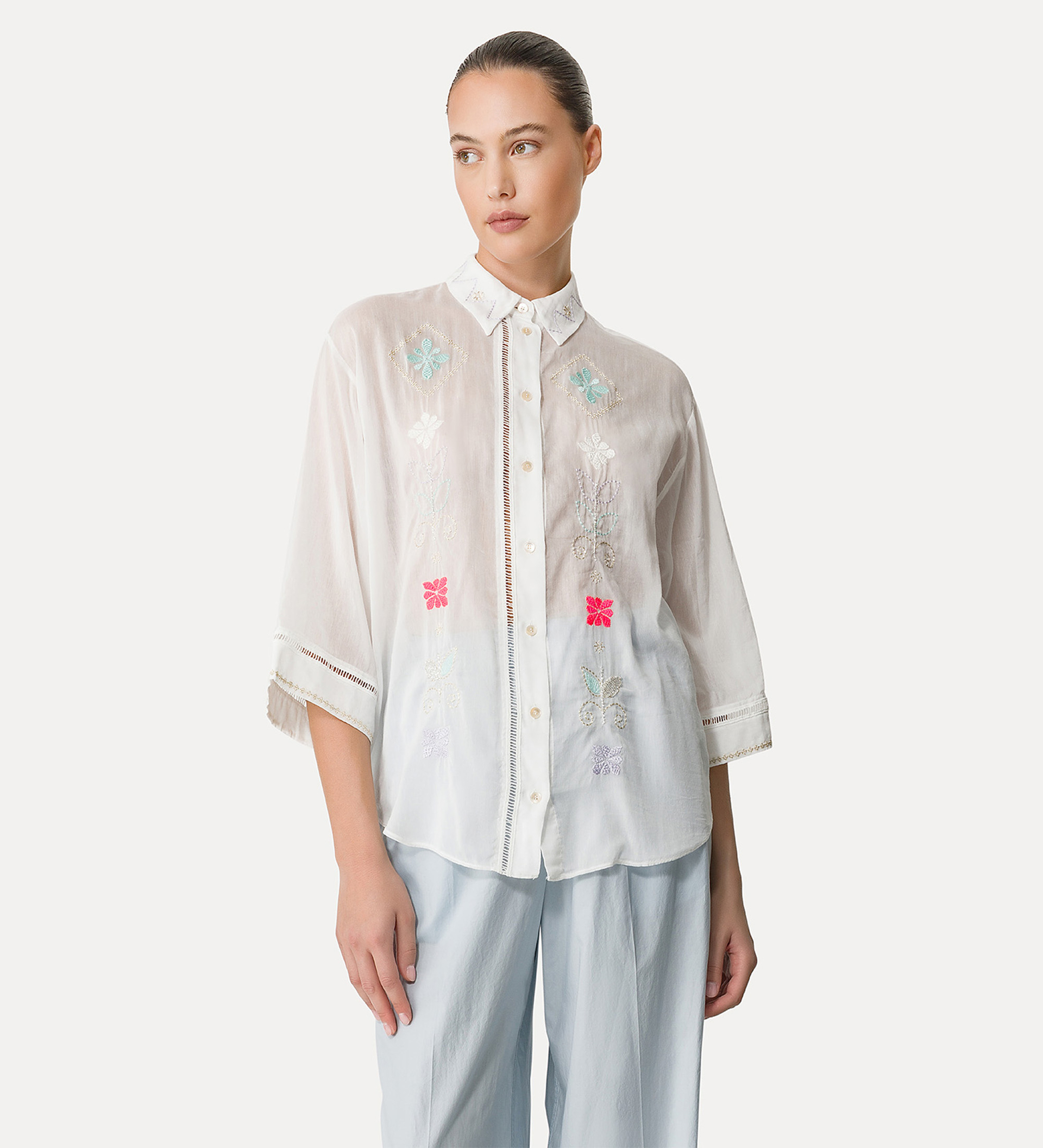 half–sleeve voile shirt with “oniric blossom” embroidery pattern | forte_forte