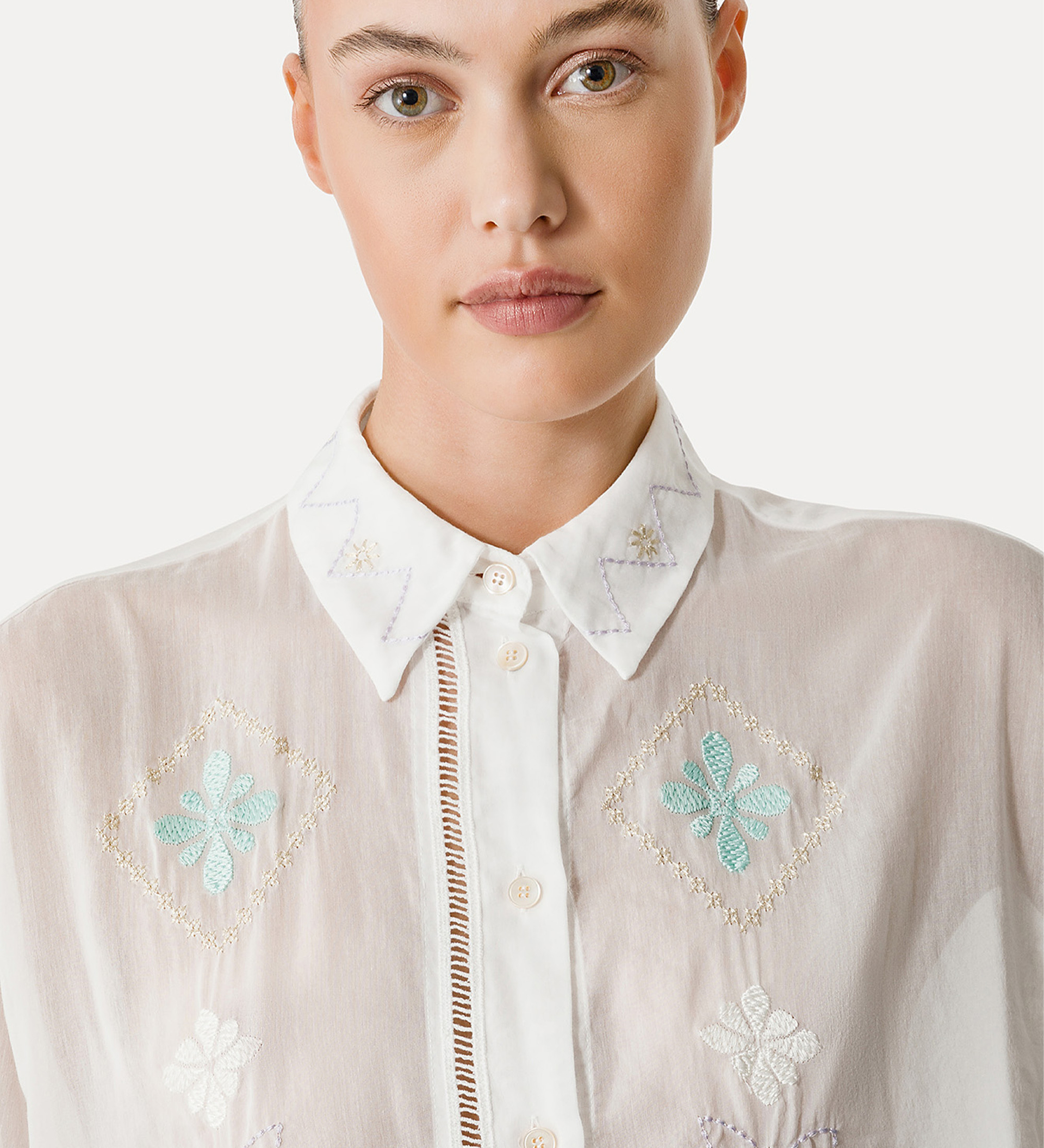 half–sleeve voile shirt with “oniric blossom” embroidery pattern | forte_forte