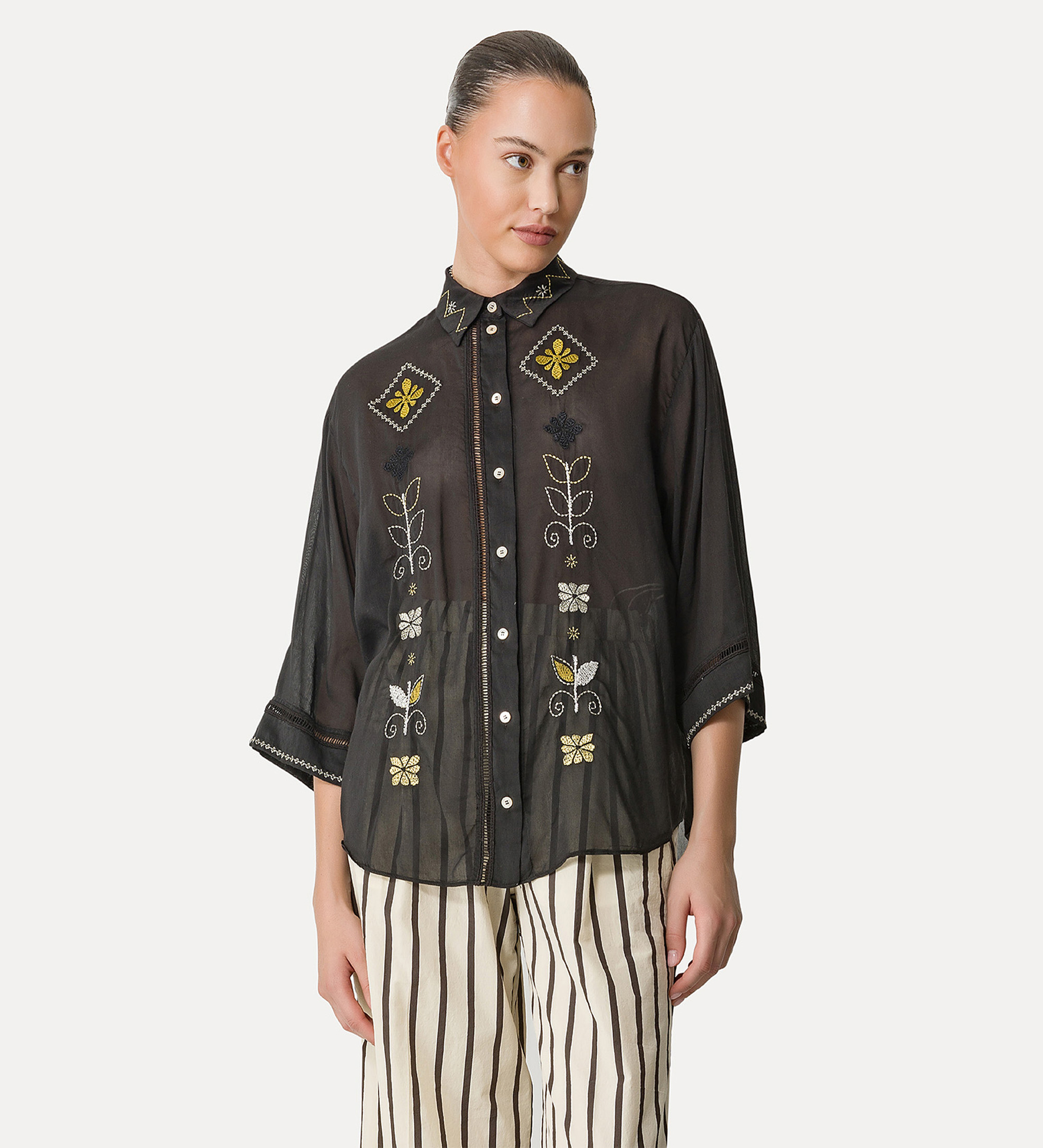 half–sleeve voile shirt with “oniric blossom” embroidery pattern | forte_forte