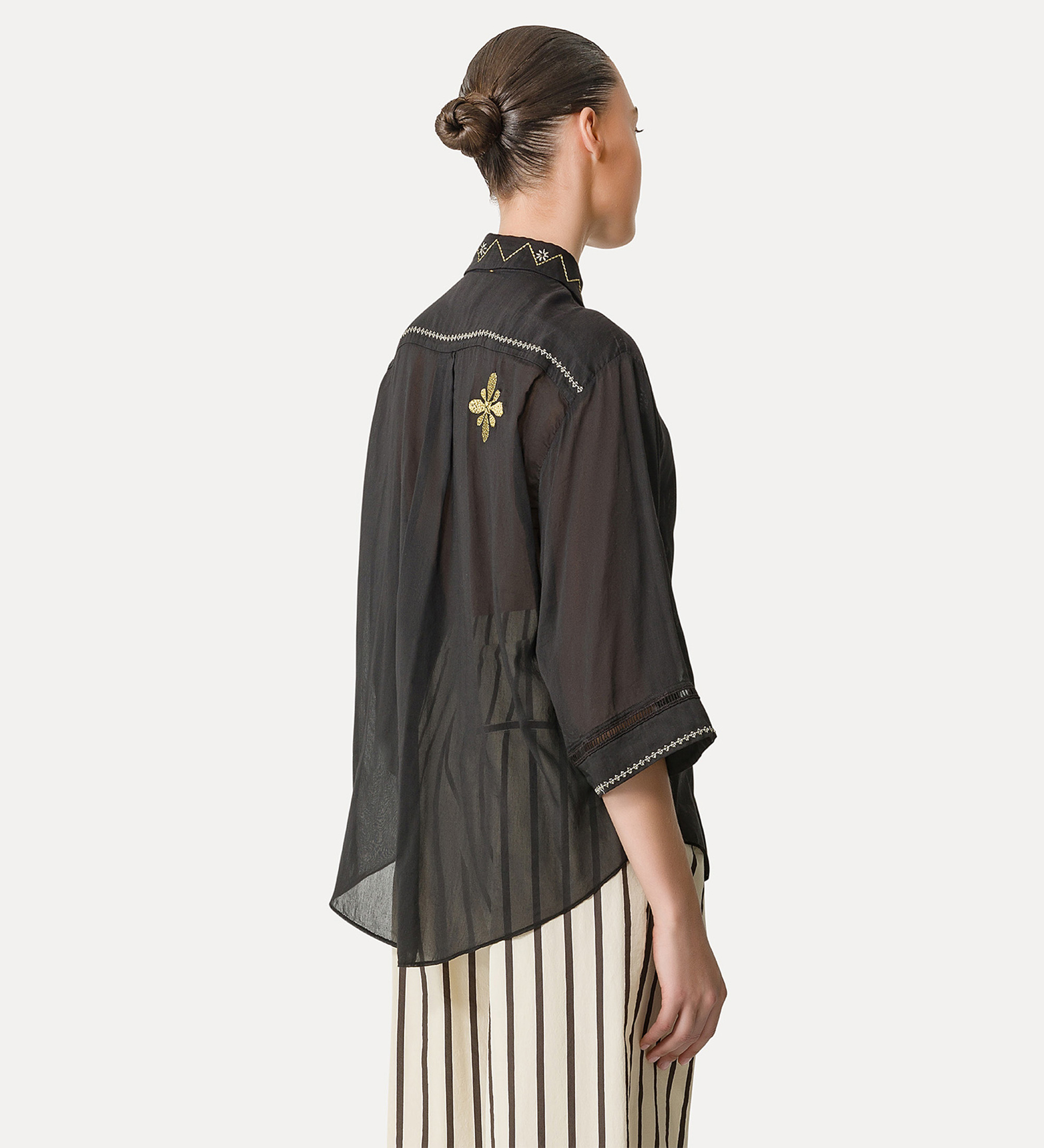 half–sleeve voile shirt with “oniric blossom” embroidery pattern | forte_forte