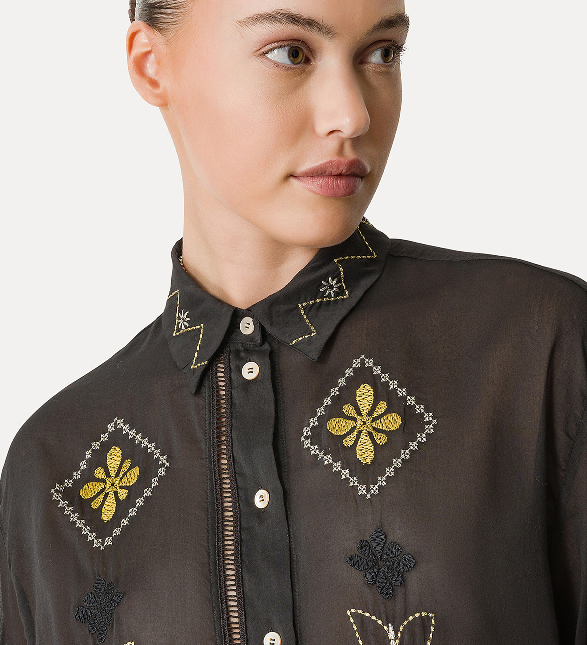 half–sleeve voile shirt with “oniric blossom” embroidery pattern | forte_forte