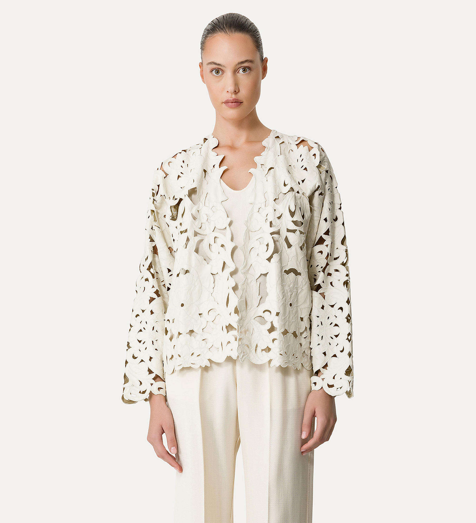 women's leather bomber jacket with “poetic orchid” embroidery work | forte_forte