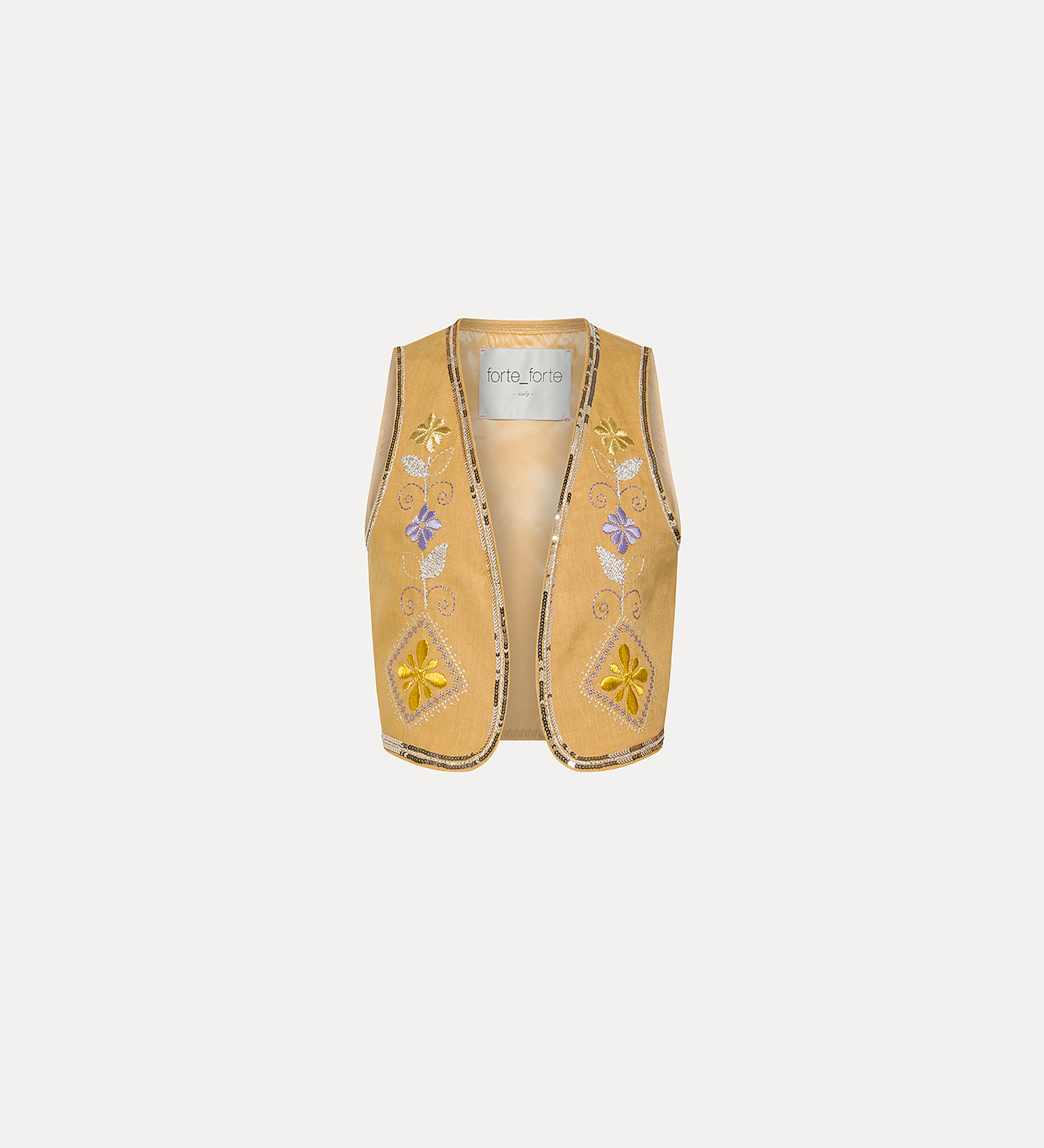 linen vest for women with “oniric blossom” embroidered detailing | forte_forte