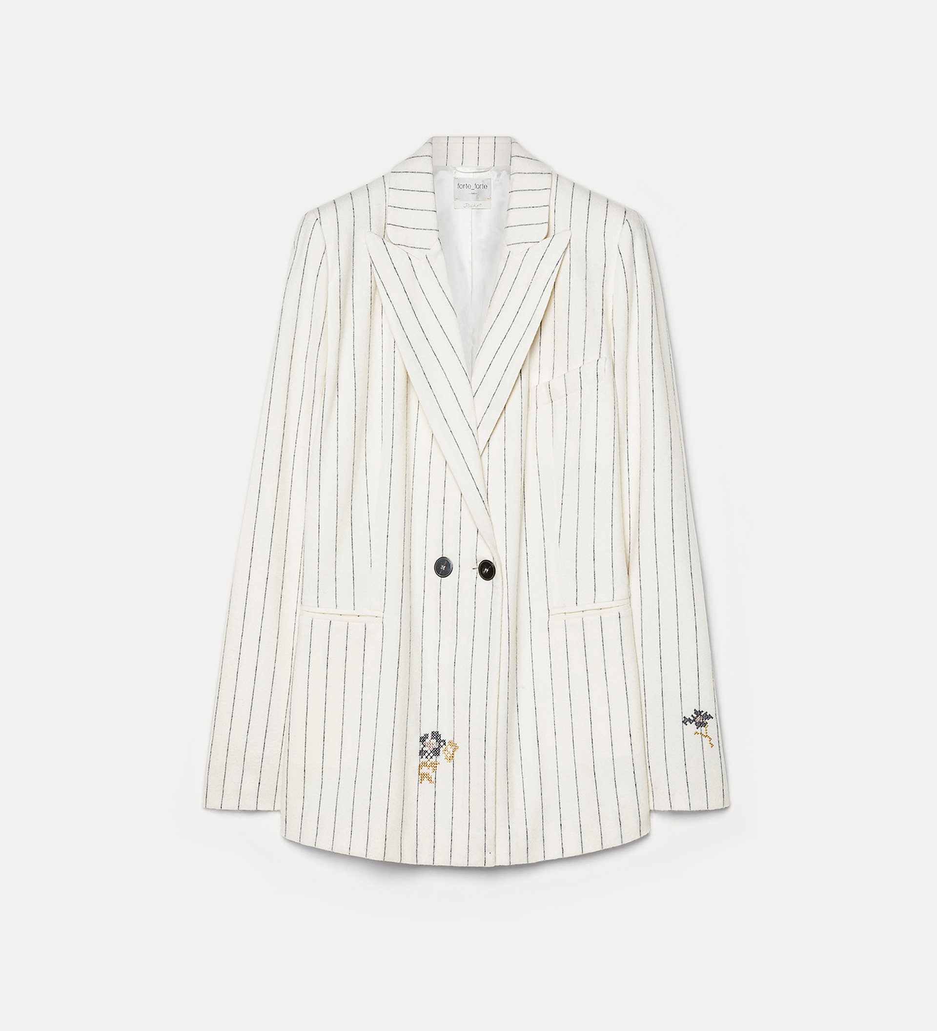 double–breasted jacket in a pinstripe pattern with an “en fleur” embroidered detail | forte_forte