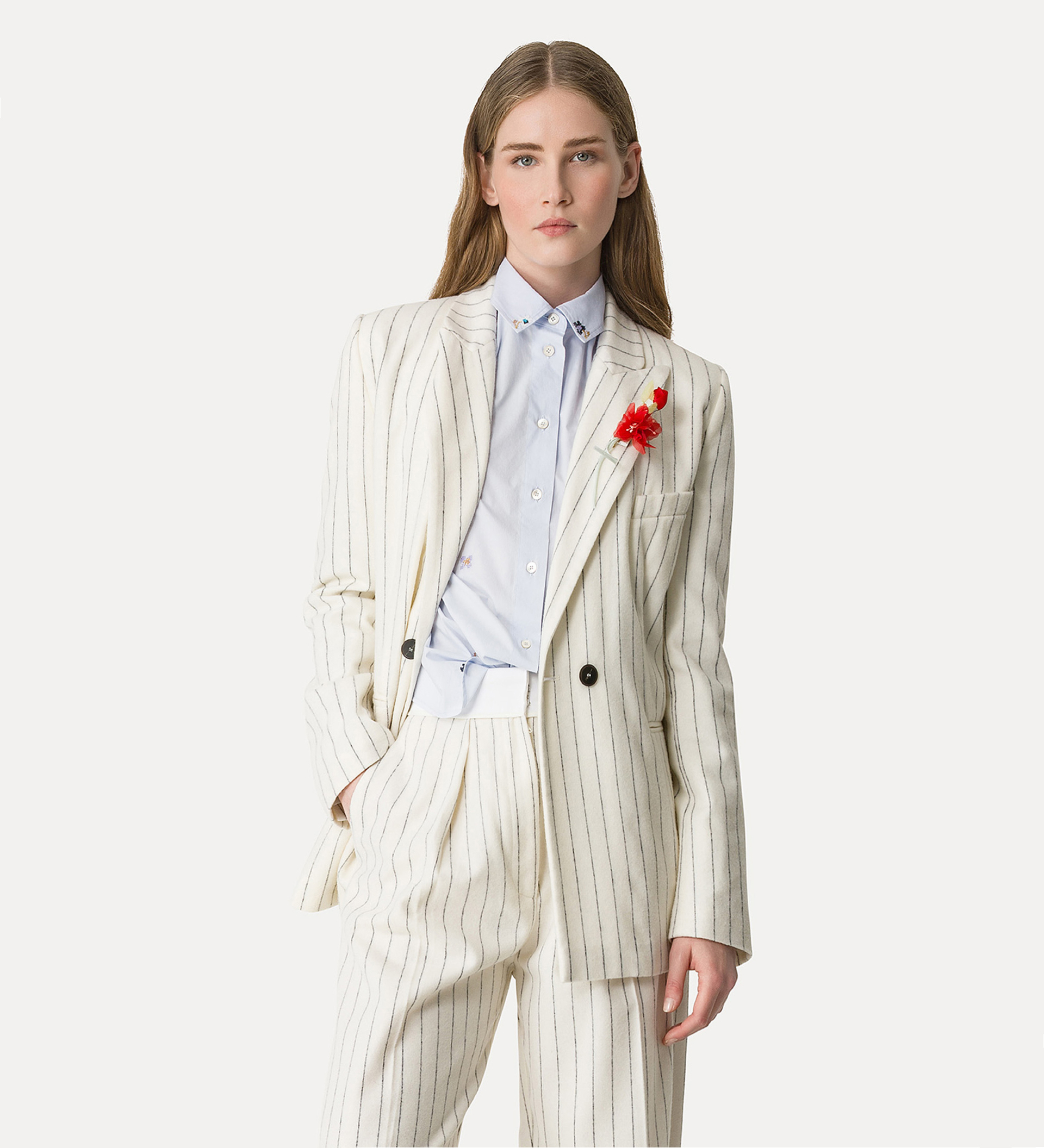 double–breasted jacket in a pinstripe pattern with an “en fleur” embroidered detail | forte_forte