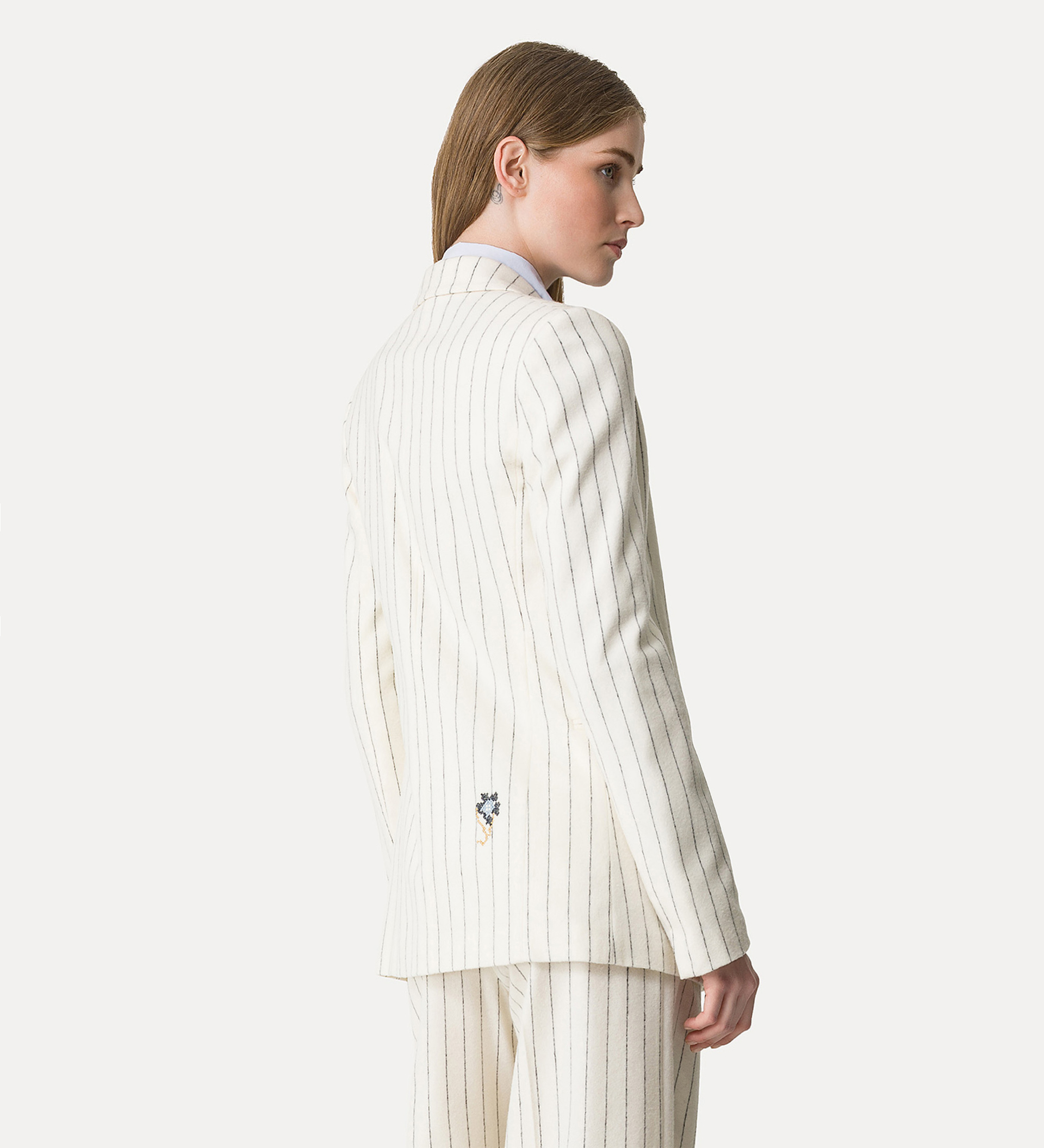 double–breasted jacket in a pinstripe pattern with an “en fleur” embroidered detail | forte_forte