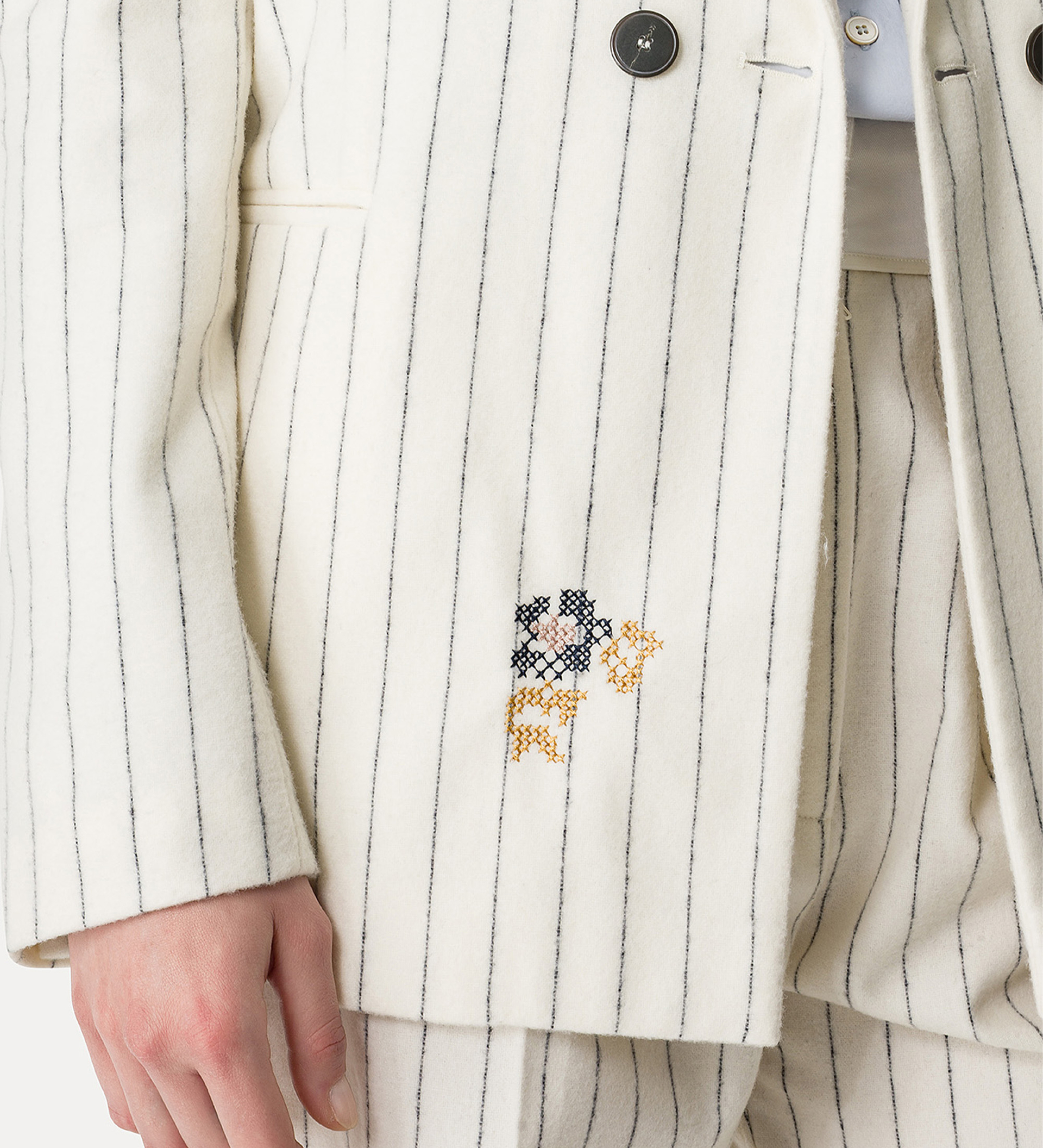 double–breasted jacket in a pinstripe pattern with an “en fleur” embroidered detail | forte_forte