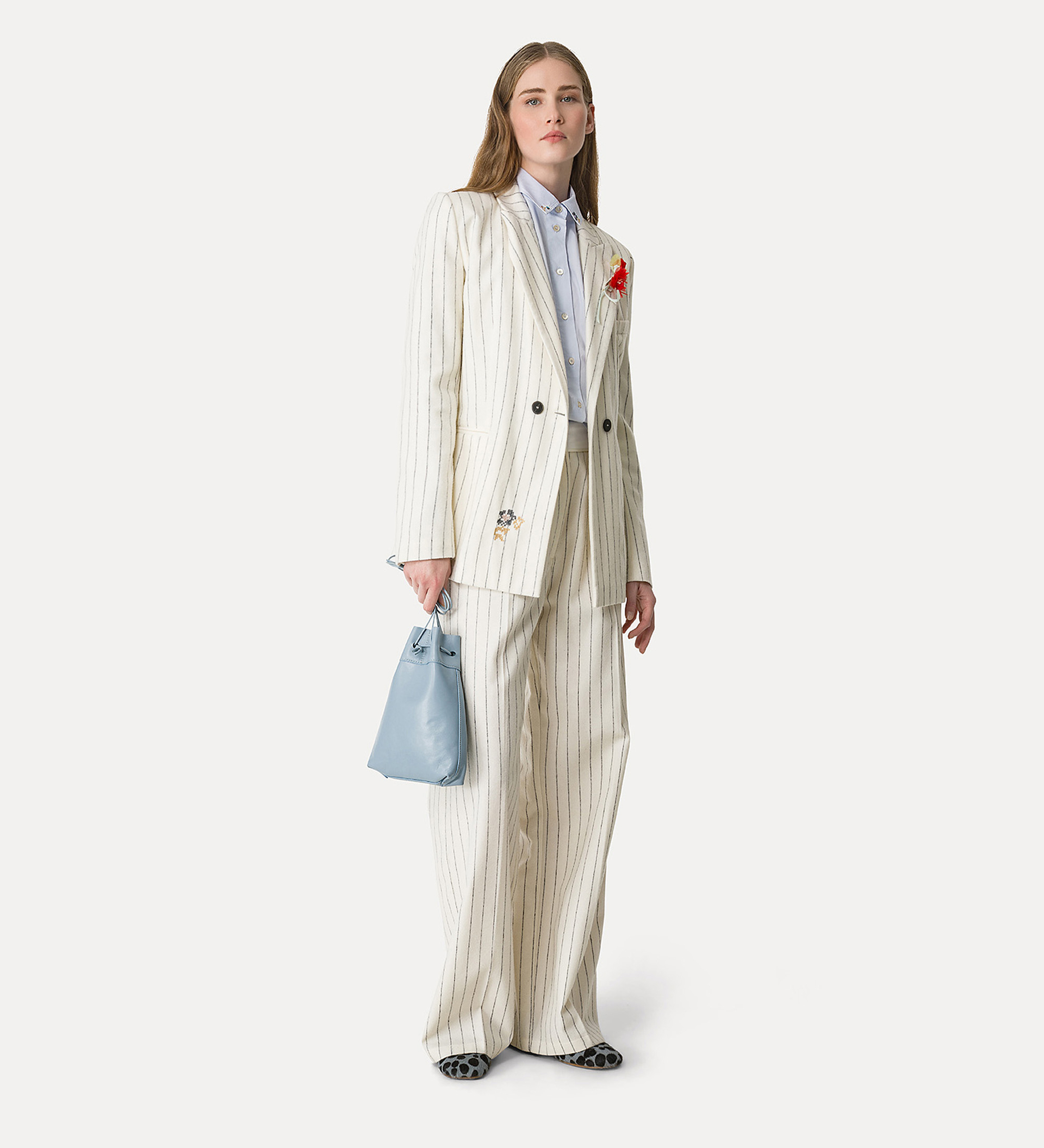 double–breasted jacket in a pinstripe pattern with an “en fleur” embroidered detail | forte_forte