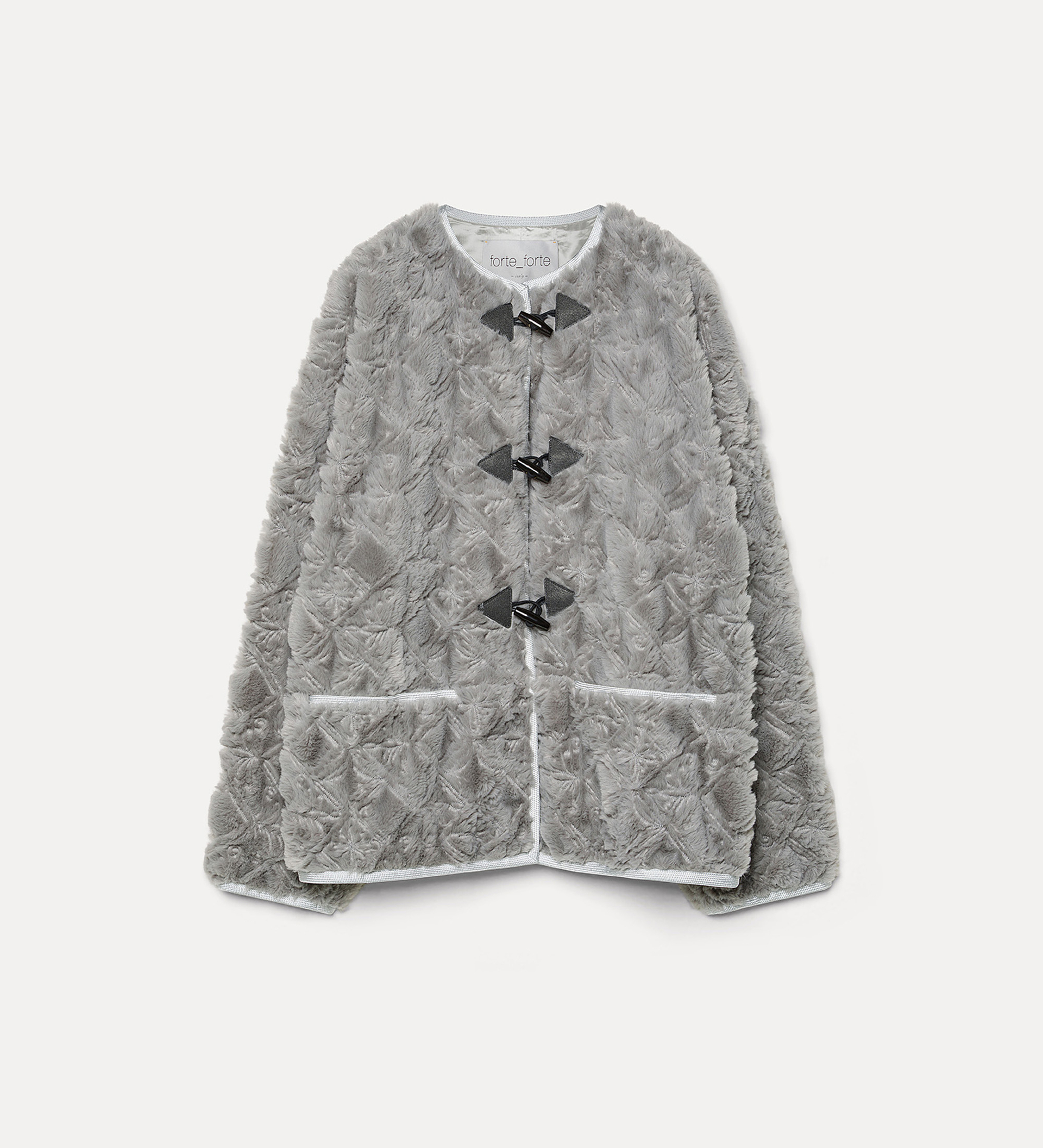 faux–fur jacket with “divine” embroidered toggle fastenings | forte_forte